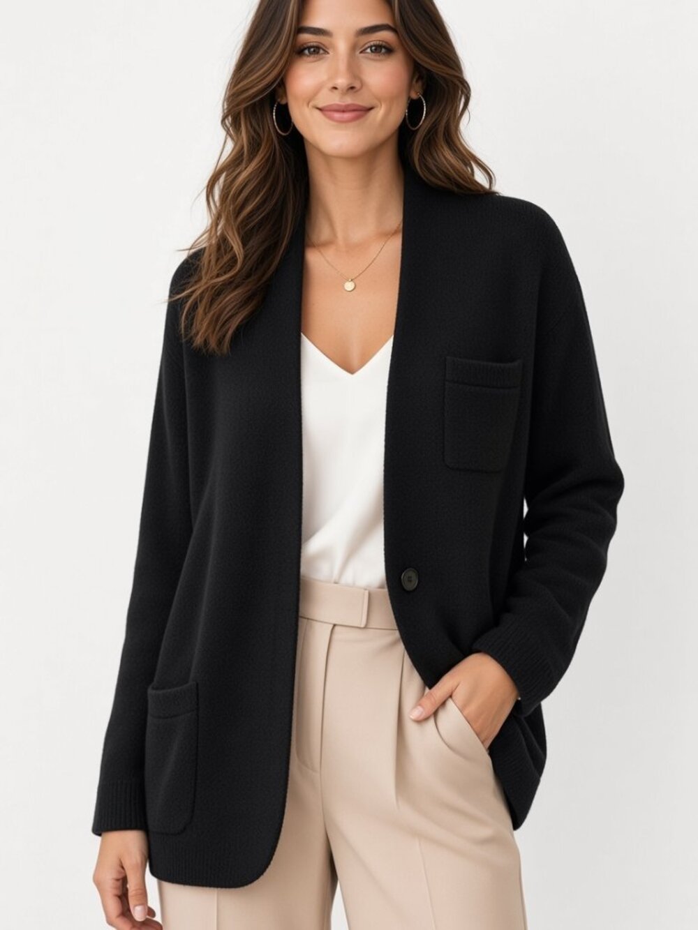 J Crew Black Merino Wool Alpaca Blend Pockets One Button Cardigan Sweater
